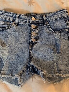 High-Rise Distressed Denim Jean Shorts - Light Blue